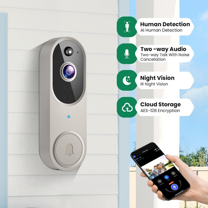 GridTera 1080p Wireless Video Doorbell Camera, AI Human Detection, Live View, Night Vision, Cloud Storage, 2.4G WiFi, Battery Powered, Indoor Outdoor Surveillance (Doorbell Receiver Included (Linen)) - Image 2